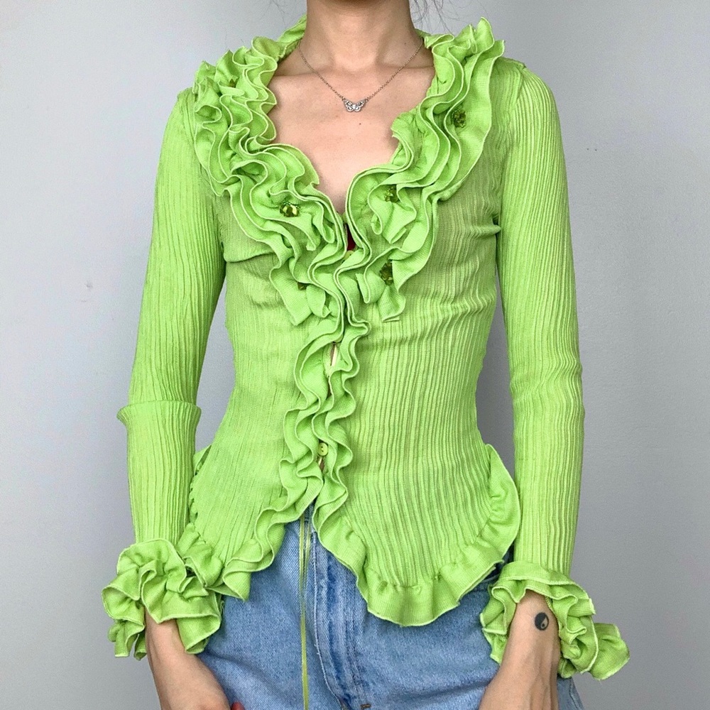 Vintage 90s lime green ruffle blouse top - Picture 3 of 10